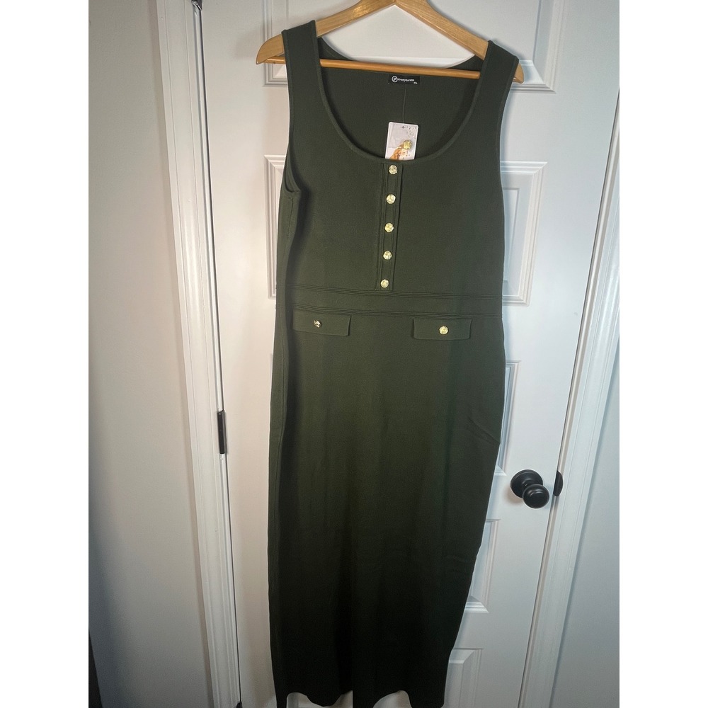 PrettyGarden Womens XXL Olive Green Knit Sleeveless Button Detail Midi Dress NWT